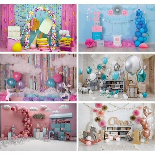 Laeacco Birthday Backdrops Pink Blue Curtain Candy Lollipop Donut Ice Cream Baby Shower Photography Backgrounds For Photo Studio