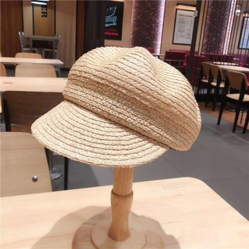 Fashion Womens Mens Unisex Raffia Beret Hat Baker Visor Cap Natural Straw Sunhats Protection Beach Hat Ladies Breathable BaseCap