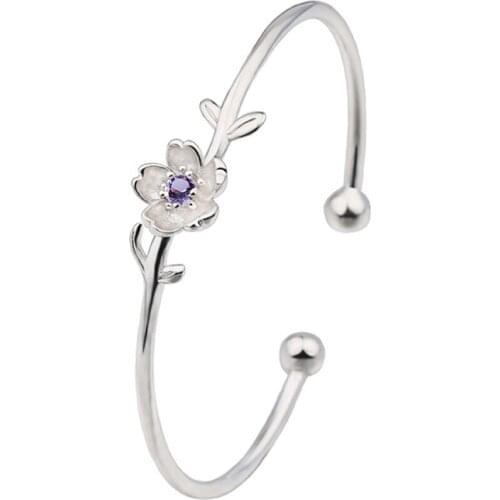 Fashion Cherry Blossoms Net Red Pink Purple Crystal Flower Opening Bangles Jewelry Adjustable Bracelet For Women Wedding Gift