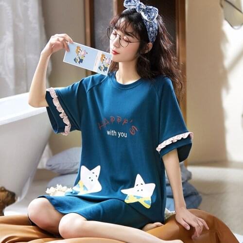 New Short Sleeved 35% Cotton Womens Nightgown Lounge Nightdress Girl Sleepwear Casual Nightwear Loose Nightgowns Sleepshirts