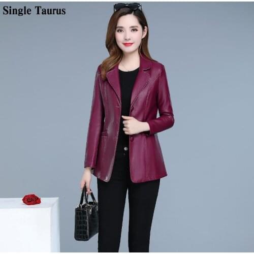 Office Lady Leather Jackets Long Sleeve Black PU Slim Leather Jacket Coat Woman Short Length Plus Size Women Leather Blazer