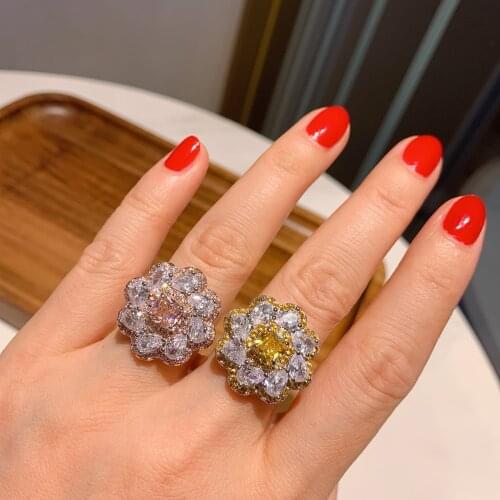 QTT Cute Pink Yellow Flower Jewelry Rings For Women Luxury 925 Sterling Silver Ring Fashion Anniversary Party Gifts
