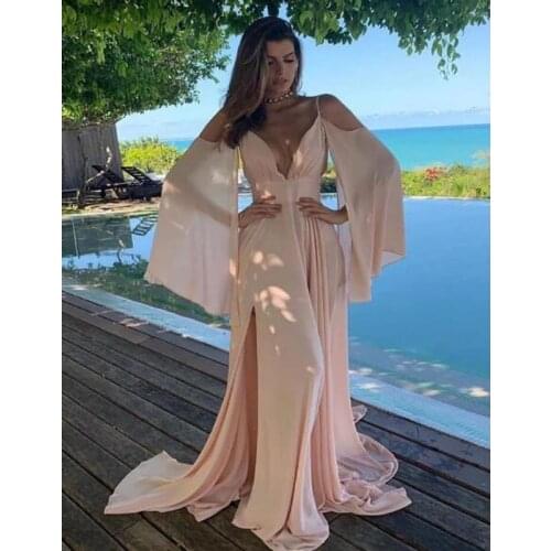 Pink Chiffon A Line Beach Cheap Prom Dresses Long Front Split Cocktailkleid Elegant Evening Formal Dresses 2020 Cocktail Party