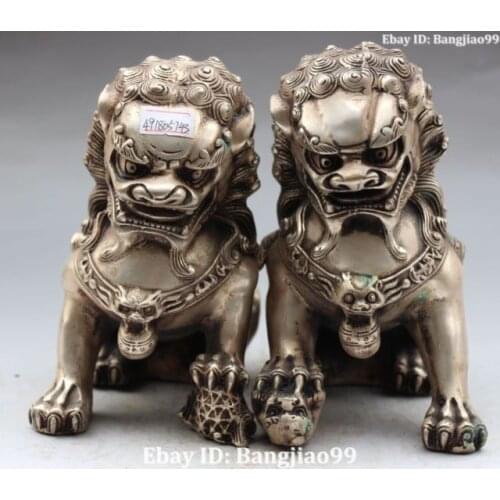 Chinese Silver Foo Fu Dog Guardion Door Lion Leo Ball Kid Animal Pair Statue Collectible Old Handwork copper Silver Bronze