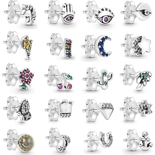Crystal Moon Star Stud Earring Silver Color Unicorn Pony Rainbow Lightning Horseshoe Evil Eye Earrings for Women Fashion Jewelry