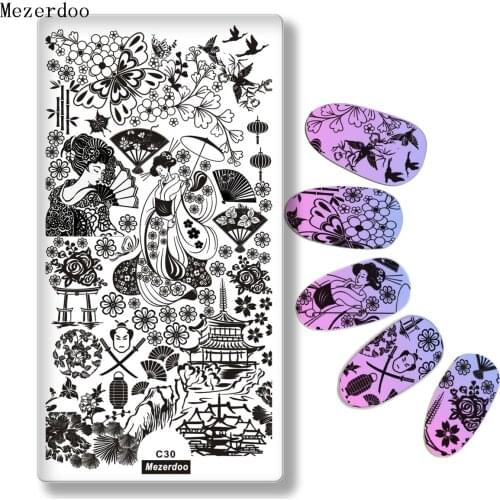 Japanese Series Nail Stamping Template Warrior Geisha Lantern Images Printing Art Plates Stencil for Hand Nails Decoration C30