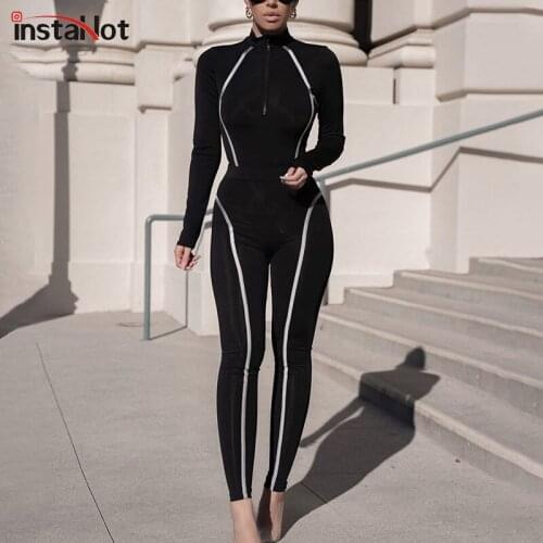 InstaHot striped side two piece tracksuit set black casual fitness legging and zipper up crop tops biker high street 2 piece set