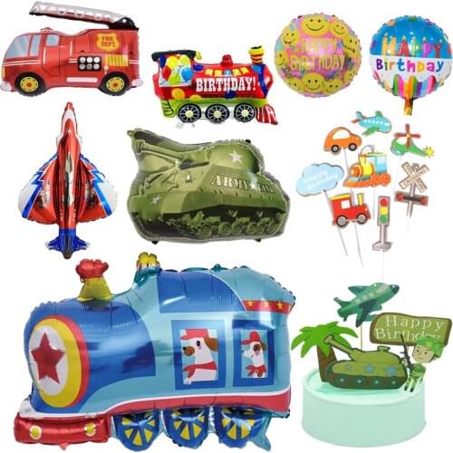 1set Cars Boys Birthday Decoration Happy Birthday Banner School Bus Train Fire Truck Balloons Transport Vehicle Decor Cake Decor