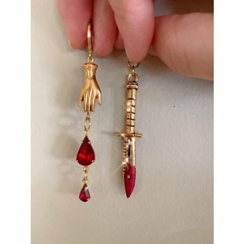 Victorian Hand Blood Red Drip Crystal Gypsy Dangle Earrings Boho Fortune Teller Palm Reader Bohemian