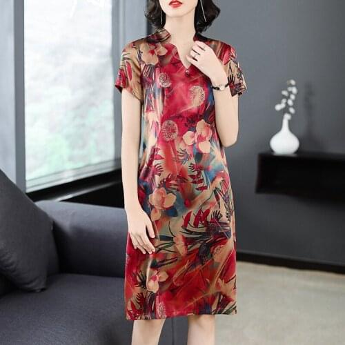Vintage Red Floral Mulberry Silk Midi Sundress 2021 Summer Casual Print 5XL Plus Size Women Dress Elegant Bodycon Party Vestidos