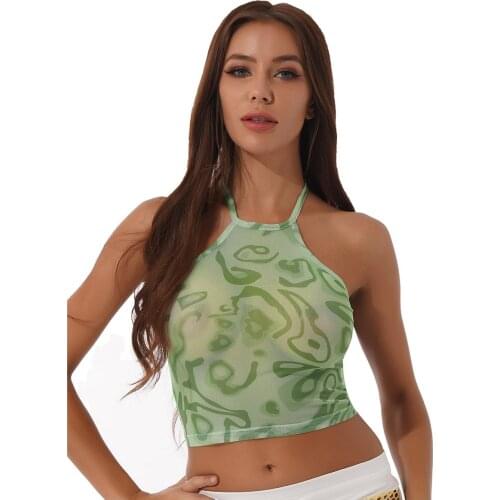 T Shirt Women 2021 Top Print Transparent Mesh Tank Crop Top Sexy Chic Halter Lace-up Backless Vest Party Club y2k Gothic Clothes