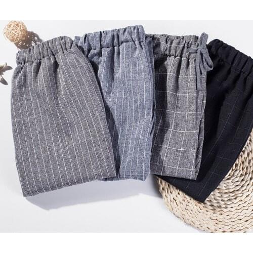 WKOUD 2019 New Harem Pants For Women Summer Cotton Linen Plaid Stripe Casual Pants Elastic Waist Loose Trousers Plus Size P9071