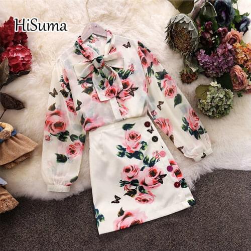 2020 autumn New women flower print o-neck lace-up bow chiffon shirt + High Waist button sheath skirt suits female two piece sets