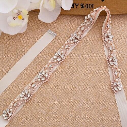 SESTHFAR Pearls Bridal Belt Rose Gold Crystal Wedding Belt Thin Rhinestones Wedding Dress Sash For Accesorios Novia