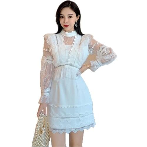 2021 New Spring Autumn Women Stand Collar Long Sleeve Slim White Mini Dress Elegant Lace Patchwork Runway Dress