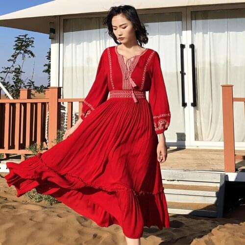 Jastie Ethnic Tassel V Neck Long Sleeve Spring Autumn Dress Women Retro Embroidery Dresses Holiday Hippie Beach Long Maxi Dress