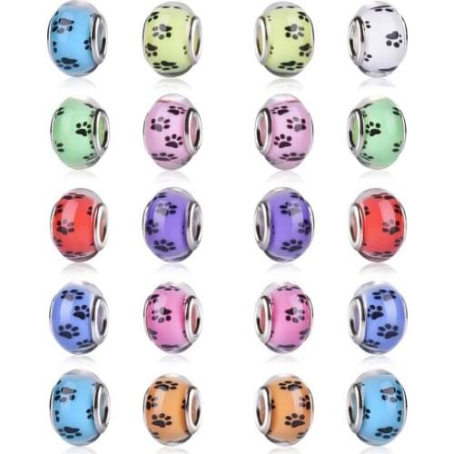 20Pcs Lot Mixed Color Big Hole Round Rondelle Spacer Beads Puppy Dog Paws Resin Murano Fit Pandora Bracelet Snake Chain Jewelry