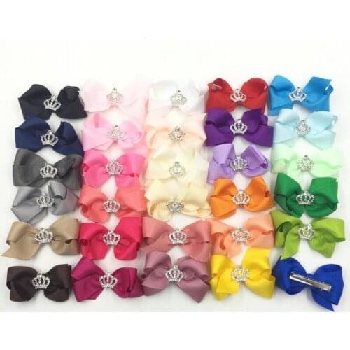 30pcs/lot 3" 30colors Handmade Grosgrain Bows+Crown Buttons Ribbon Boutique Flower Bows+Clip For Kids Girls Hair Accessories