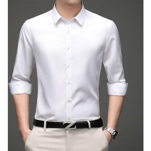 White Shirts Men 2021 New Casual Long Sleeve Satin Mens Shirt Slim Business Work Camisas Non Iron Solid Chemise Homme 26+Colors