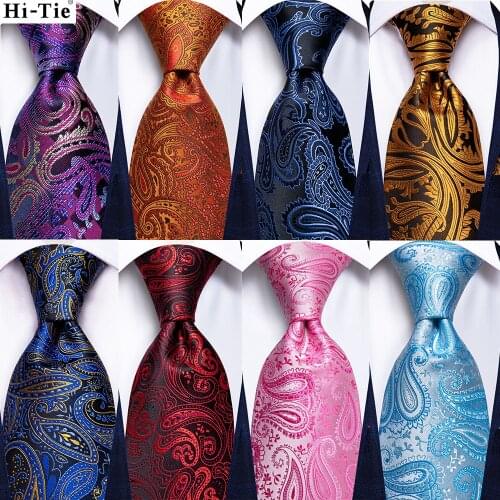 Hi-Tie Purple Burgundy Paisley Design Silk Wedding Tie For Men Quality Hanky Cufflink Fashion Nicktie Business Party Dropshiping