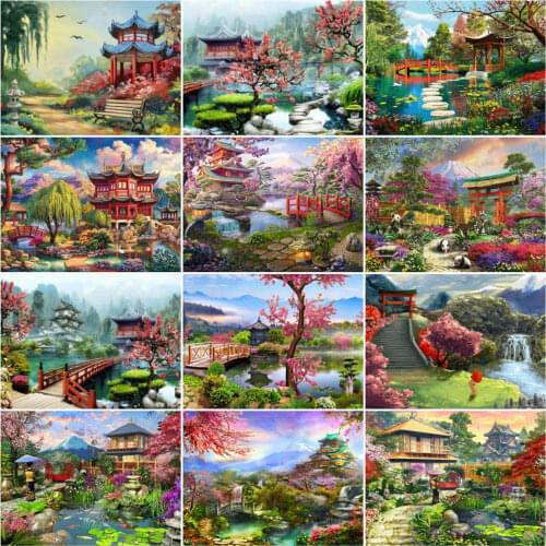 AZQSD Painting By Numbers Diy Frame Japanese House Acrylic Unique Gift Paint By Number For Adults Landscape Kits Modern Wall Art