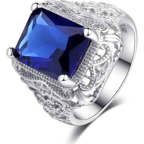 Men Fashion Unisex Rings Hollow Flower Blue Crystal Rings For Women Girls Jewelry Wedding Engagement Accessories