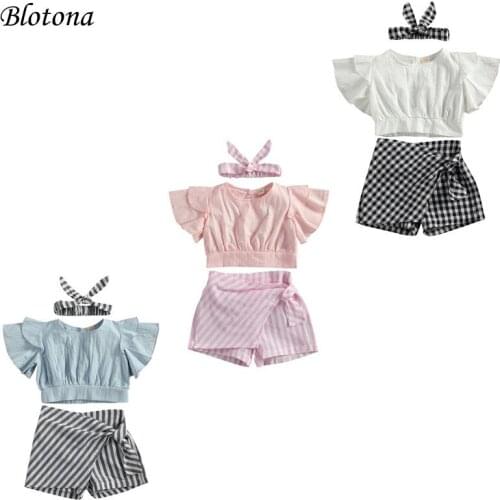 Blotona Kids Girls Summer Three Piece Striped Suit, Round Neck Short Pagoda Sleeve Tops Stripe Skirt Like Shorts Hairband 1-5Y