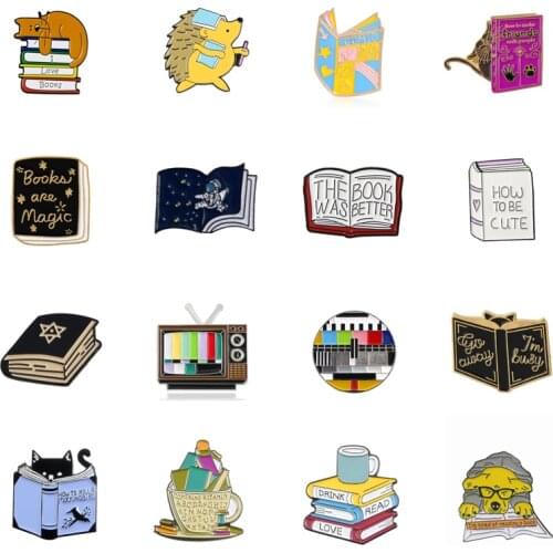 Cartoon Animal Cat Dog Learning Reading Book Brooch TV Astronaut Cup Magic Book Pin Badge Clothes Bag Woman Jewelry Gift For Kid