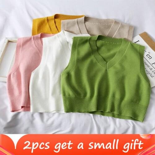 Autumn Sweater Vest Womens Vest Sweater Korean Elegant Student V-neck Pullover Loose Casual Knitting Tops Outerwear Vest