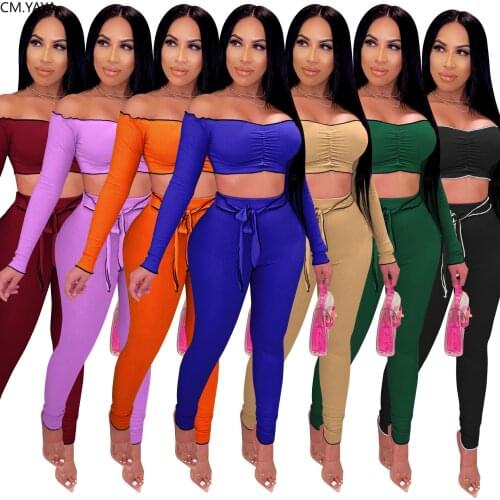 CM.YAYA Women Sets Summer Tracksuits Striped Sportswear Off Shoulder Crop Tops Leggings Pants Suit Two Piece Set 2Pcs Outfits