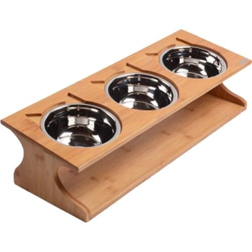 Health Pet Feeder Three Bowls Stainless Steel with Bamboo Frame Stand Dog Cat R9JC