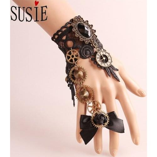 LOVE SUSIE Women Bracelets Fashion Handmade Jewelry Retro Chain with Ring One Piece Lace Clock Mechanical Accessories