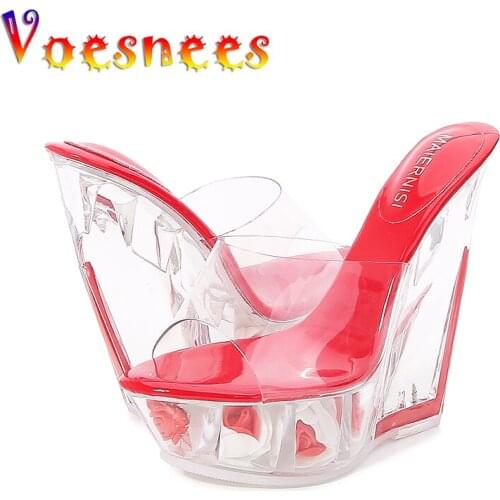 Voesnees Wedges Womens Slippers 2021 Summer New Flowers Thick Bottom Platform Sandals Crystal High Heels 14cm Female Party Shoe