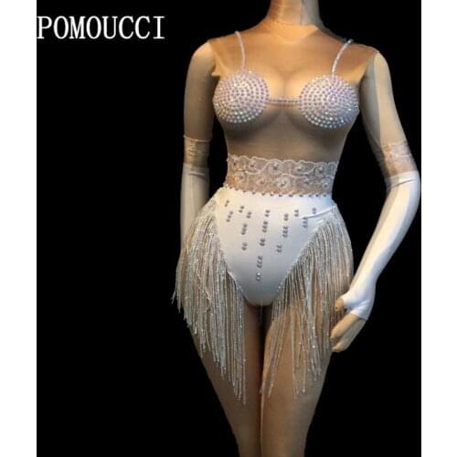 Women New Tassel Sexy Bodysuit Female Singer Dancer Wear Sparkly Crystals Jumpsuit Nightclub Party Performance Show Costumes