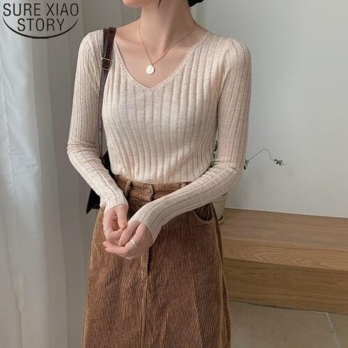 Striped Sweater Pullover Women 2021 Winter Clothes Solid 6 Colors Bottoming Sweater Korean V-neck Knitted Casaul Sweater 11028