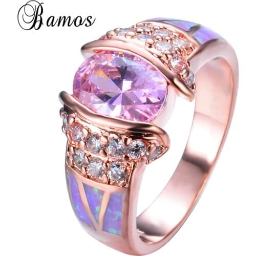 Rose Gold Filled Unique Design Pink Fire Opal Ring Crystal Fashion Jewelry Womens Rings For Party Wedding Gifts RP0021