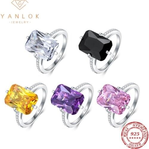 YANLOK Authentic 925 Sterling Silver 5 Color Luxury Big Sparkle Clear Zircon Finger Rings for Women Wedding Engagement Jewelry