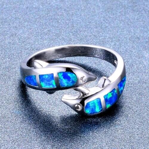 Cute Animal Dolphin Engagement Ring Female Luxury Blue Fire Opal Stone Ring Vintage Silver Color Wedding Rings For Women Jewelry