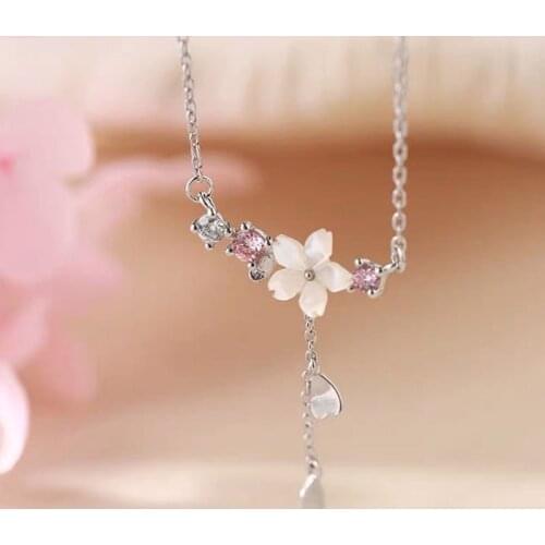 925 Sterling Silver Tassel Shell Cherry blossoms Charm Necklace For Women Choker Collares Wedding Party Jewelry dz562