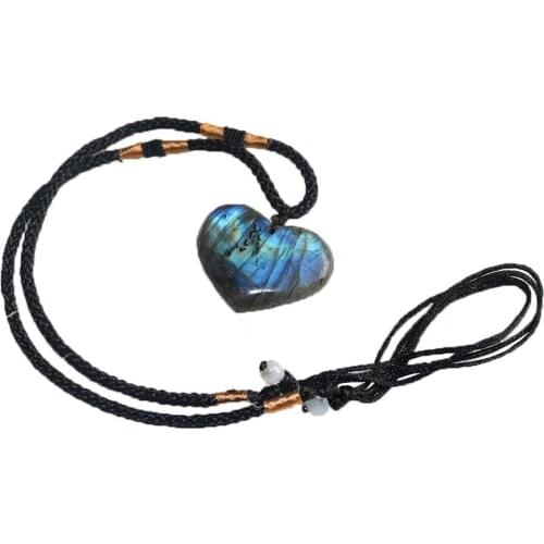 1Pcs Natural Heart Pendant Labradorite Necklace Gem Moonstone Crafts Wrap Braid Radiation Protection Original Stone Macrame Hang