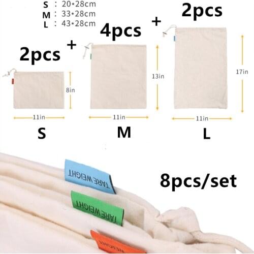 10sets/lot Reusable Cotton Bag 8pcs/set Drawstring Shopping Bags Bulk Goods Tote Fruit Grocery Eco-friendly Machine Washable