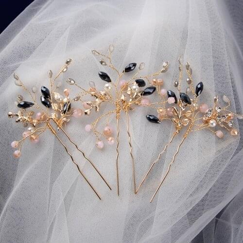 3 pics Handmade Brides Black Crystal Hairpins Pearls Brides Hair Hairbands Wedding Hair Accessories