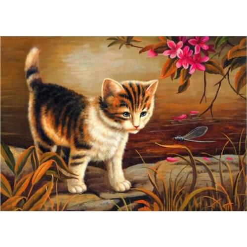 5D Diy Cat And Dragonfly By The Water Picture Diamond Painting Wall Stickers For Living Room Embroidery Decoration FC480