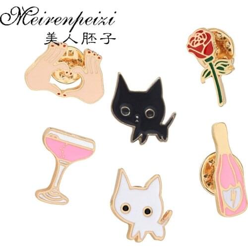 6Pcs Fashion Collar Pins Set For Women Clothing Accessories Enamel Brooch Cute Cat Rose Flower Bottle Cocktail Hand Heart