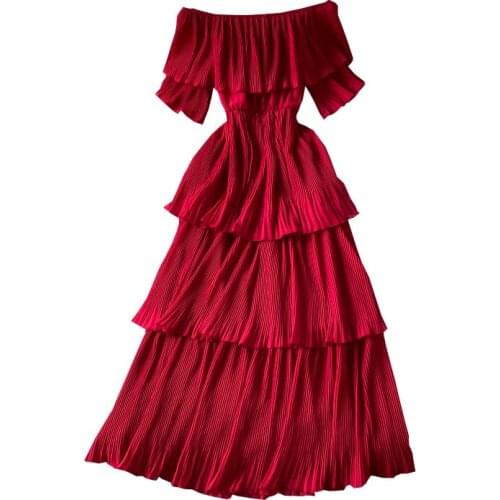 Elegant Sexy Slim Fairy Dress Women Fashion Slash Neck Short Sleeve Cake Vestidos Girls Mid-Calf Robes