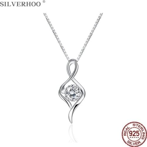 SILVERHOO Classic 925 Sterling Silver Geometry Twisted Pendant Necklaces For Women Round Clear Cubic Zirconia Necklace Jewelry