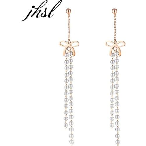 JHSL Fashion Jewelry Cute Lady Long Dropping Charm Dangle Women Earrings Simulated Pearl Rose Gold Color Cocktail Party Gift