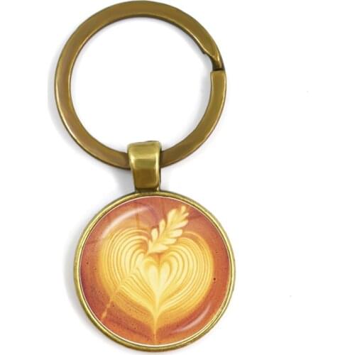Coffee Latte Glass Cabochon Keychains Chocolate Printing Love Heart Carving Flower Clover Cat Snow Charm Keyring Key Holder Gift