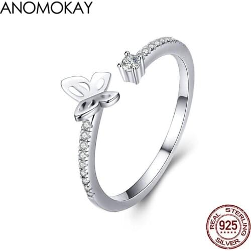 Anomokay White Zircon Open Butterfly 925 Silver Rings Lovely Animal Sterling 925 Silver Adjustable Rings Casual Jewelry