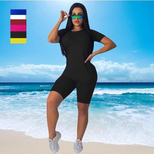2Pcs Set Summer Womens T-shirt+Shorts Round Neck Solid Elastic Waist Tight Sexy Casual Fitness Beachwear Female Tracksuit Suit